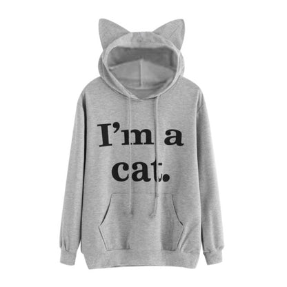 Harajuku Kawaii Cat Ear Cap Hoodies Women I AM A CAT Printed Hooded Sweatshirts Pink Top Cute Long Sleeve Loose Pullover Moletom