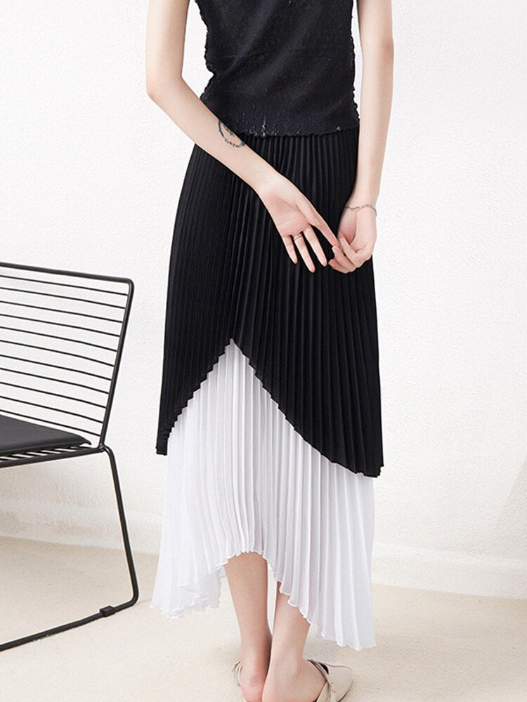 Patchwork Pleated Skirts Women Stitching Color Elastic Waist Irregular Color Block Loose Skirts