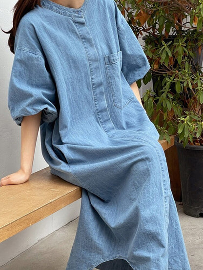 [EWQ] Women Denim Dress Loose Fit Lantern Sleeve Fashion Pocket Dresses  Summer New Tide Fashion Female Stand Vestido 16U107