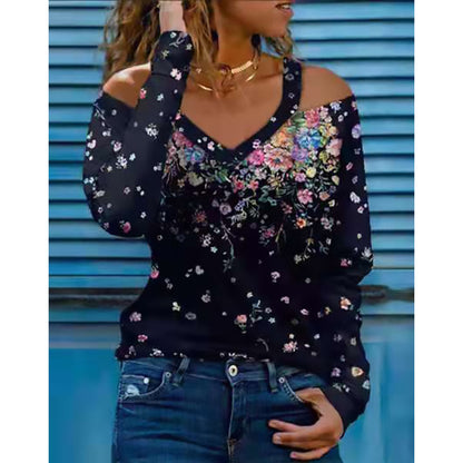 Fashion Long Sleeve V-neck Strapless Floral Ladies T-shirt