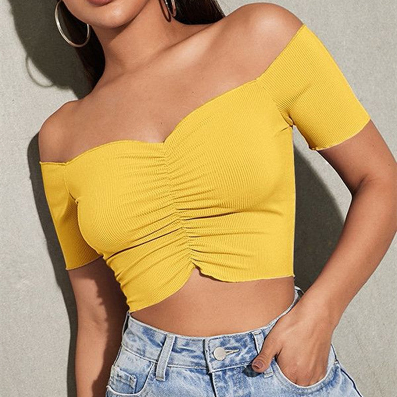 Women's Fashion Slimming Solid Color Off-shoulder Top T-shirt