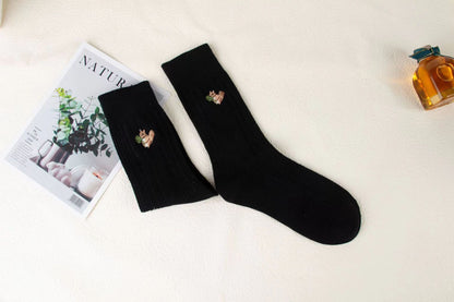 Women's Fashion Pure Cotton Embroidery Black And White Long Socks