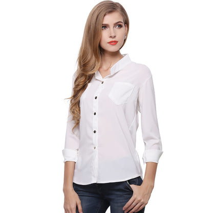 USA SIZE Casual pocket large size sunscreen bottoming shirt loose stand collar long sleeve chiffon shirt white shirt