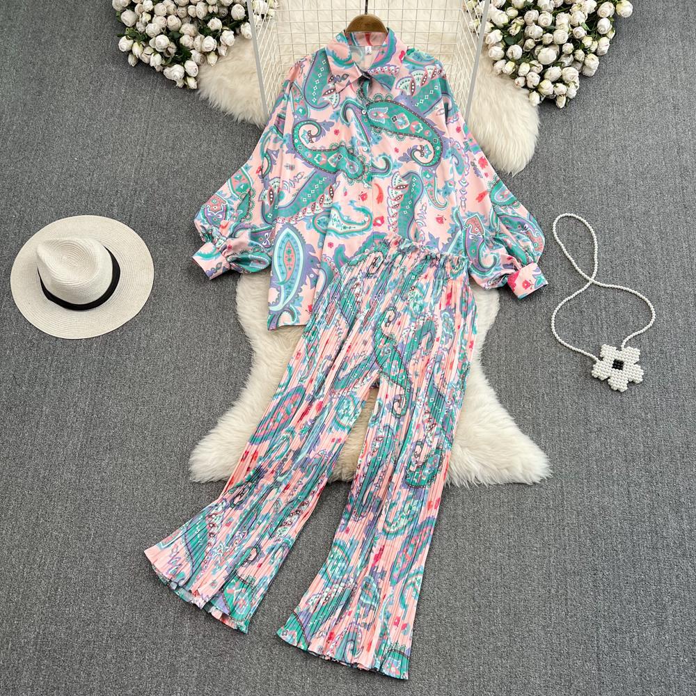 Fashion Set Female Celebrity Temperament Bat Sleeve Loose Printed Shirt Two-Piece High Waist Pleated Pants