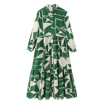 Women Dress Fashion New Printed Long Sleeved Shirt Style Midi Loose Fitting Dress Woman Female Dress