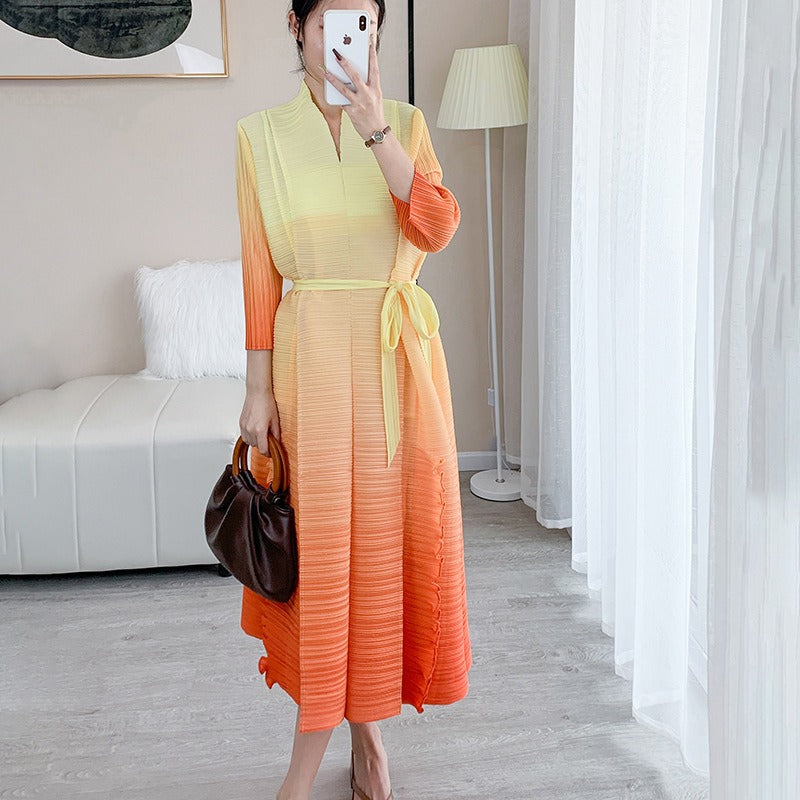 Women Gradient Pleated Dress V Neck Belt Spring Summer New Loose Patchwork Elegant Lady Casual