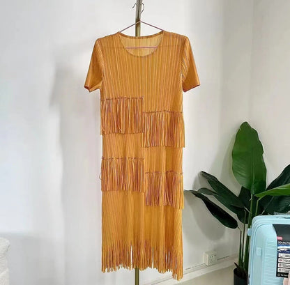 Miyake Pleated Women's Dress Loose Round Neck Fringed Pearl Casual Vestido New for Summer