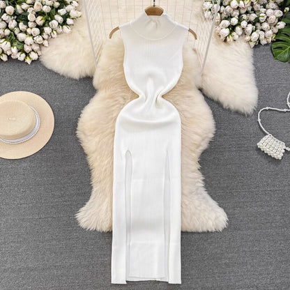 Knitted Stand Collar Women Dresses Sleeveless Vintage Summer Sexy Vestidos Korean Fashion High Waist Long Dress