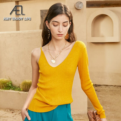 One Shoulder Asymmetrical Design Wool Knitwear Autumn New V-Neck Thin Underlay Slim Top Women