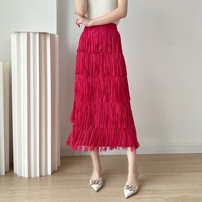 Summer New Retro Style Fringe Women's Half Skirt Miyake Pleated Loose Fashion Elastic Waist Pure Color Pleated Skirt