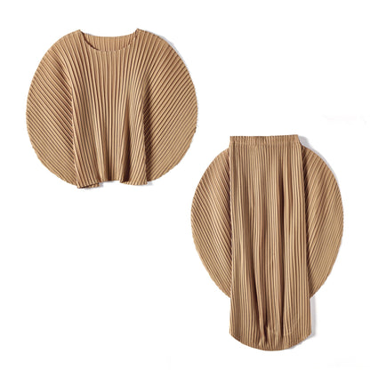 Pleated Two Piece Set For Women Round Collar Batwing Sleeve Solid Color Tops Elastic Waist Skirt