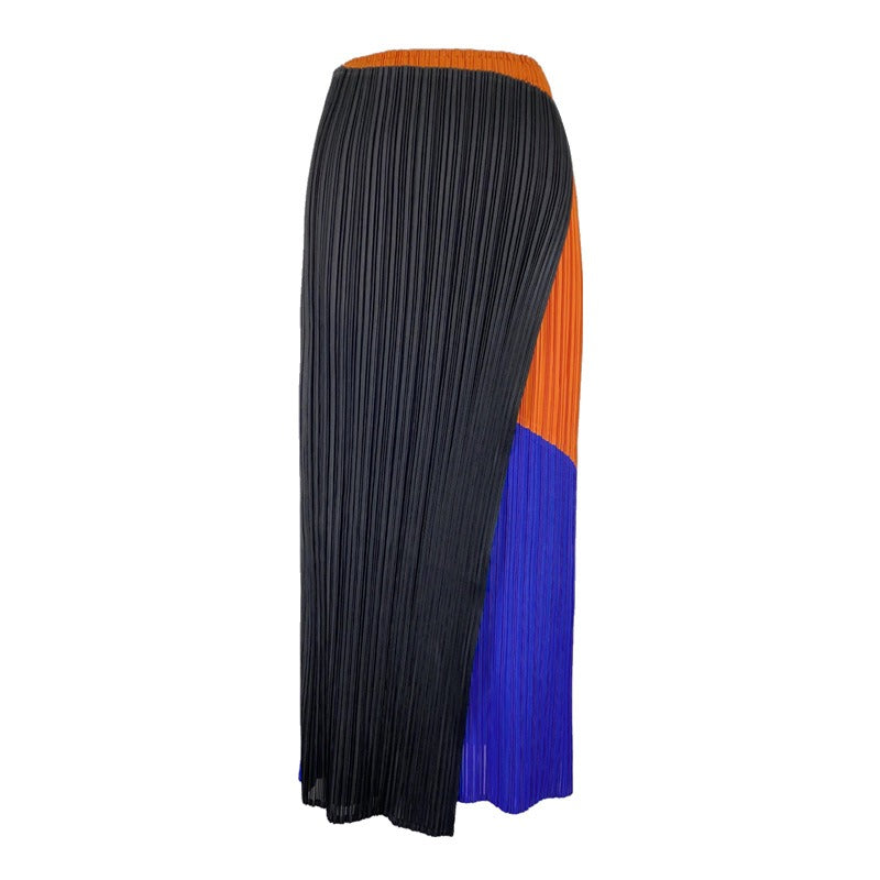 Pleated Skirts Autumn Hit Atchwork Color Long Skirt High Waist One Button Skirt Women Aesthetic Clothes