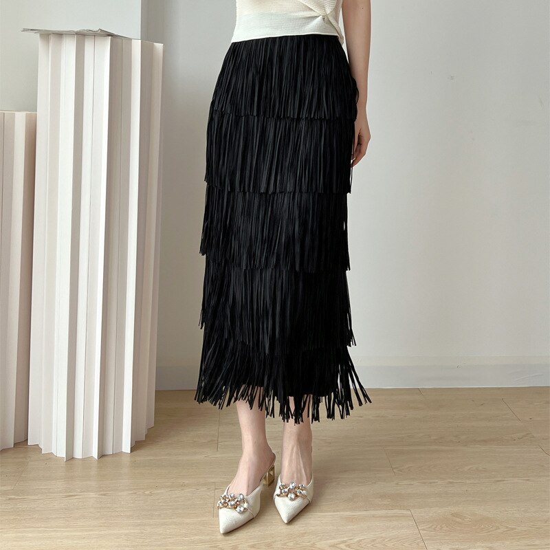 Summer New Retro Style Fringe Women's Half Skirt Miyake Pleated Loose Fashion Elastic Waist Pure Color Pleated Skirt