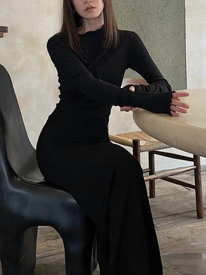 Spring/Autumn New Simple Niche Asymmetric Design Pleated Wave Edge Women Dress High Quality Casual Black Long Robe