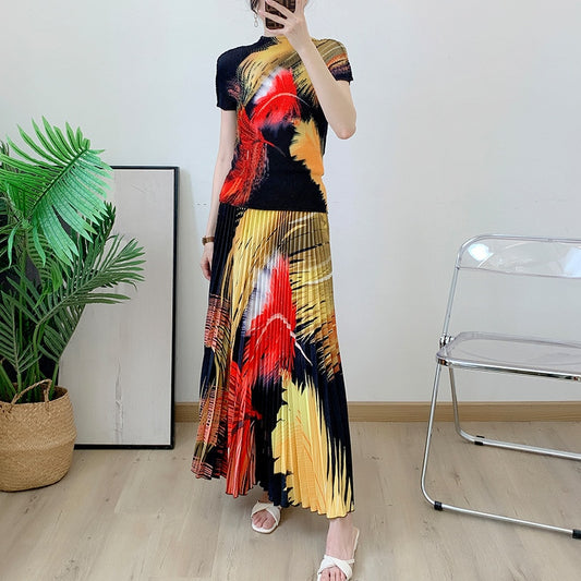 Miyake Pleated  Suit Women Corn Coat Pleated Skirt Two-piece Suit 2023 Summer New Age-reducing Big Swing Skirt Suit