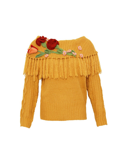 Vintage Ethnic Style Handmade Crochet Large Lapel Pullover Knitted Sweater For Lady Autumn