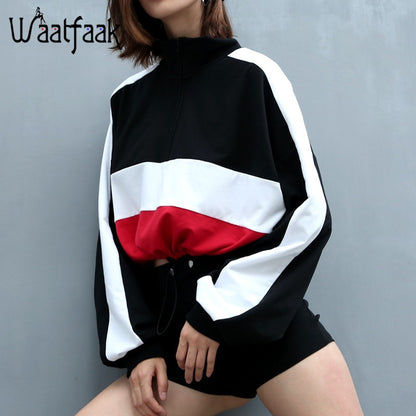 Long-sleeved pullovers hoodies Deep V Neck Top Drawstring Loose Cropped Patchwork Sweatshirt