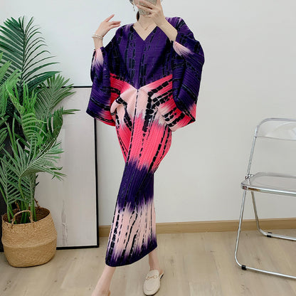 Pleated Bat Sleeves Dress For Women Summer High End V Neck Printed Vintage Party Dresses Female Clothing