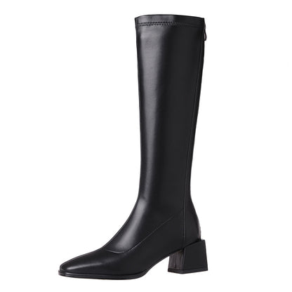 Women's Long Boots With Thick Heels And Square Head Show Thin Tall Thick Legs Elastic Large Circumference