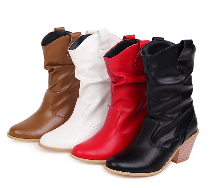 Autumn And Winter Wood Grain Thick High-heeled Women's Boots