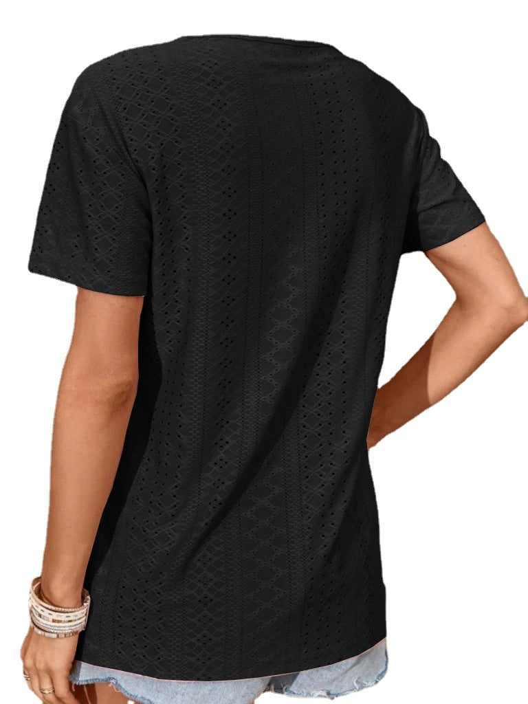 Casual Jacquard Cross Hollow Breathable Loose-fitting T-shirt Top