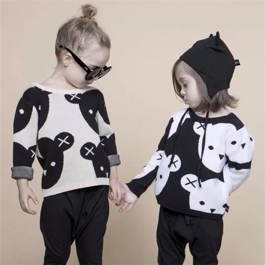 Boys And Girls Baby Black And White Bear Knitted Sweater Top