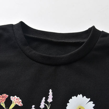 Girls Flower Pattern Black Long-Sleeved T-shirt Sweatshirt