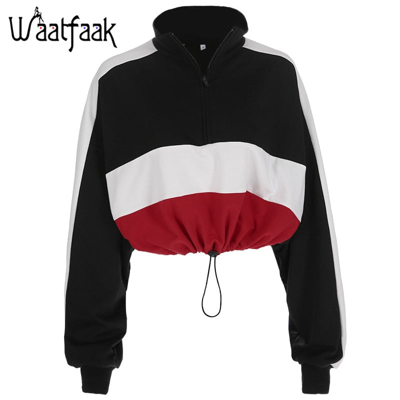 Long-sleeved pullovers hoodies Deep V Neck Top Drawstring Loose Cropped Patchwork Sweatshirt