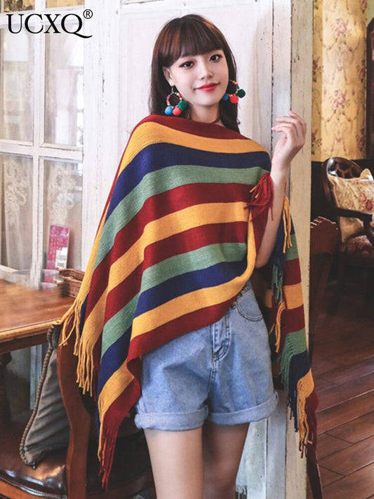 Vintage National Style Color Tassels Patchwork Knitted Pullovers Sweaters Women Autumn Winter New V-neck Female Tops