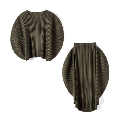 Pleated Two Piece Set For Women Round Collar Batwing Sleeve Solid Color Tops Elastic Waist Skirt