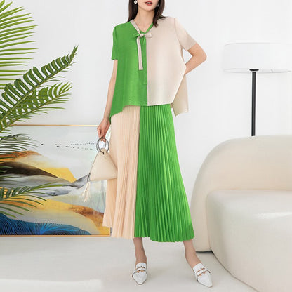 Pleated Suit Women's Fashion Two-piece Summer New Color Bump Loose Large Yard Tops Elastic Waist Wide Leg Pants