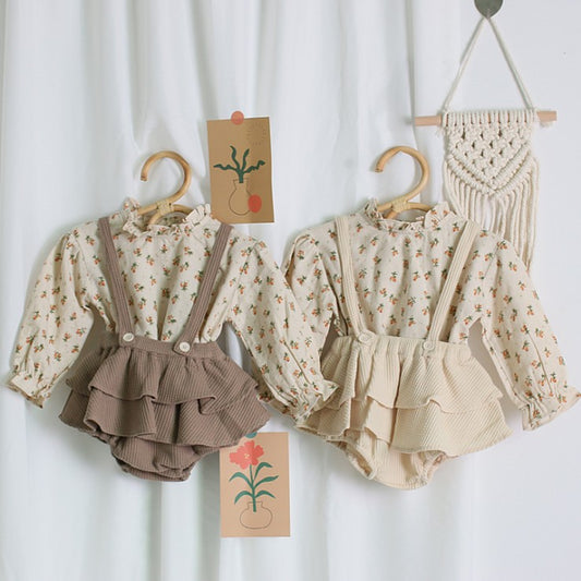 Baby Girl Clothes Spring Summer Linen Cotton Girls Floral Pullover Top Shirt Vintage Suspender Romper Dress Newborn Baby Outfits