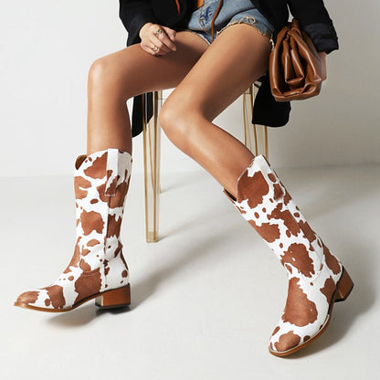 Women's Vintage Cow Print Block Heel Plus Size Rider Boots