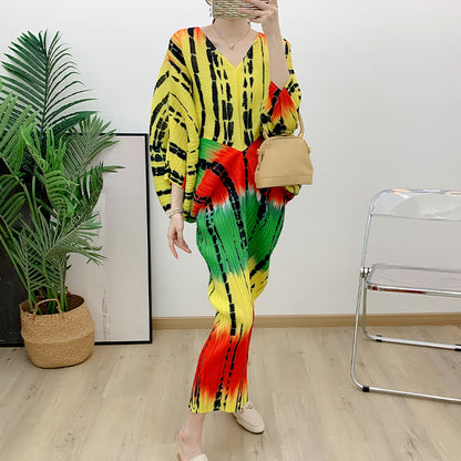 Pleated Bat Sleeves Dress For Women Summer High End V Neck Printed Vintage Party Dresses Female Clothing