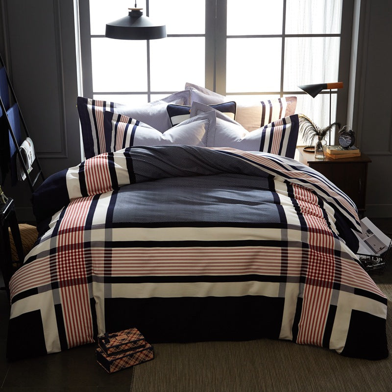 Four-piece cotton brushed striped plaid