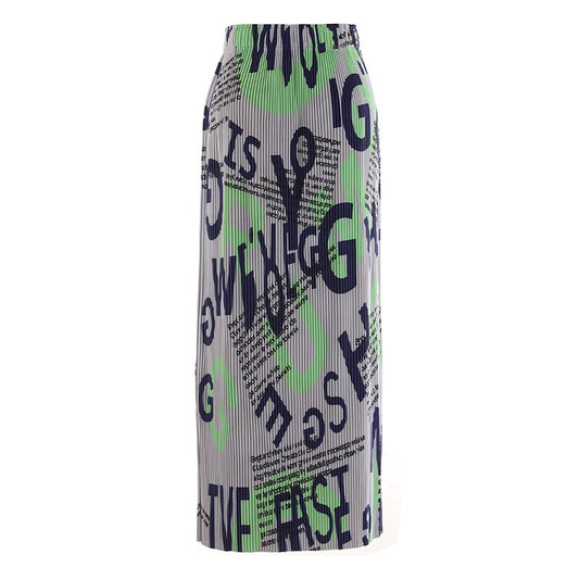 High Elastic Waist Gray Pattern Printed Long Pleated Half-body Skirt Women Fashion Tide New Spring Autumn