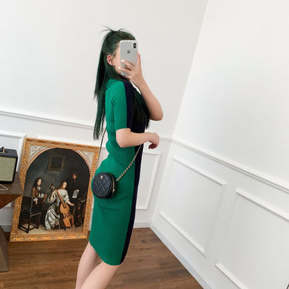 Women Navy Block Green Slim Fit Ribbed Midi Knitted Dress New In High Stretch