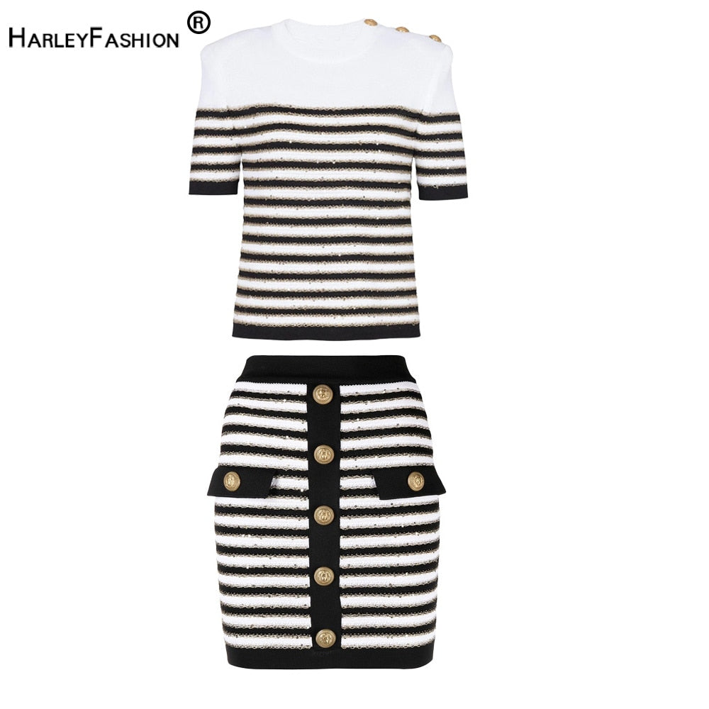 French Stylish O-neck Casual Short Sleeve Striped Gold Thread Knitted Sweater Skinny 2PCS Skirt Sets