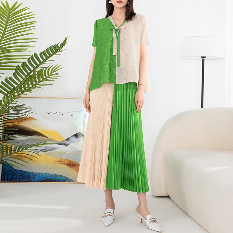 Pleated Suit Women's Fashion Two-piece Summer New Color Bump Loose Large Yard Tops Elastic Waist Wide Leg Pants