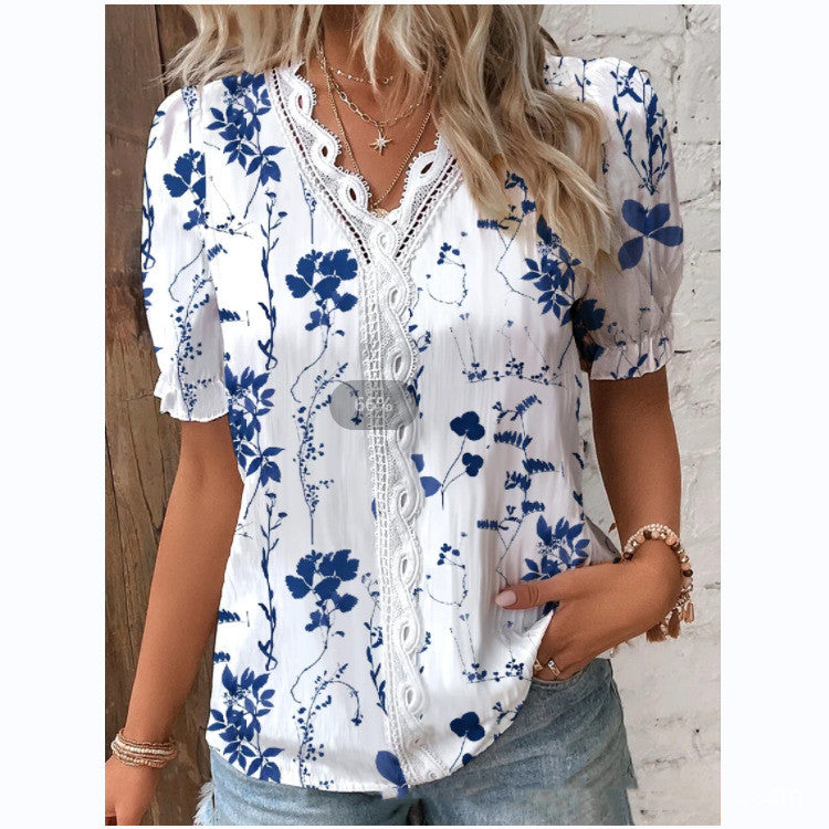 V Neck Lace Short Sleeve Printing For Fashion