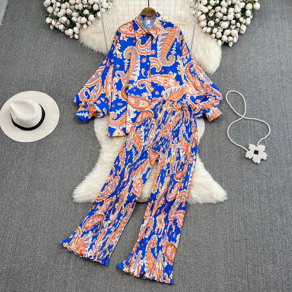 Fashion Set Female Celebrity Temperament Bat Sleeve Loose Printed Shirt Two-Piece High Waist Pleated Pants