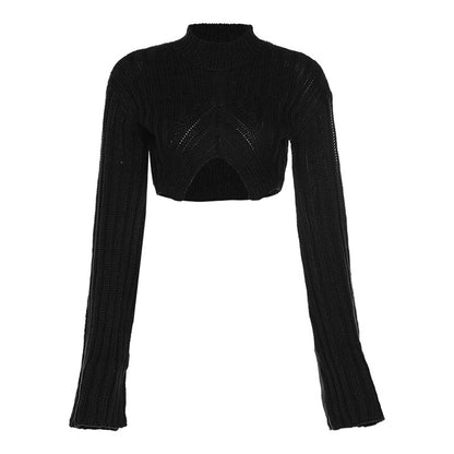 Autumn New Women's Fashion Round Neck Flare Sleeve Short Open Umbilical Knitted Sweater