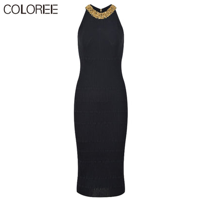 Elegant Sleeveless Halter Dresses for Women 2023 Luxury Deisgners Elegant Sequin Beaidng Knitted Sweater Dress Vestidos Midi