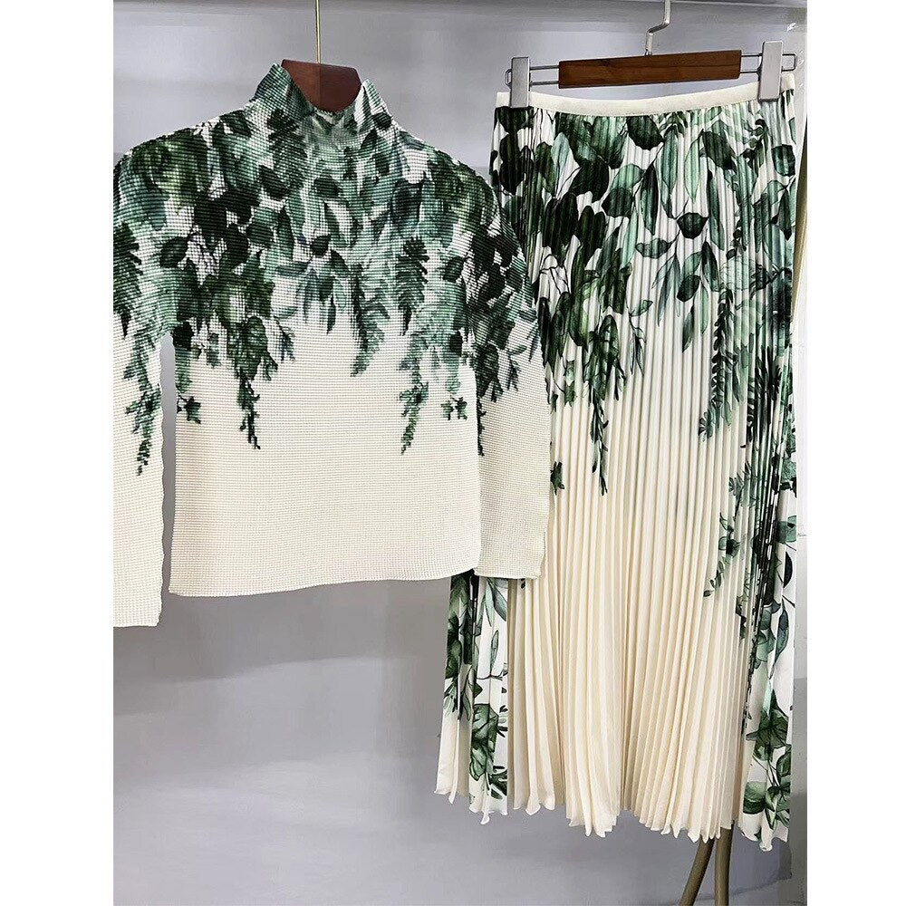 Long Halfskirt Set Women's Fashion Women's Spring New Long Sleeve Pleated T-shirt Pleated Skirt Two Piece Set