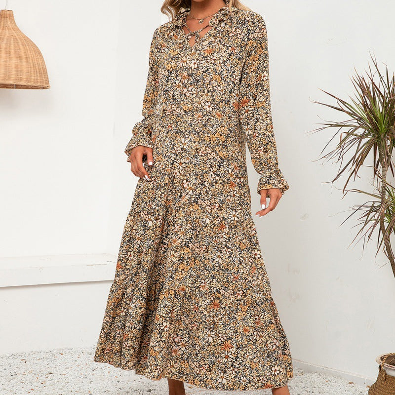 Floral V-neck Ruffle Sleeve Long Printed Long Sleeve Large Sleeve Dress Loose Midi Skirt