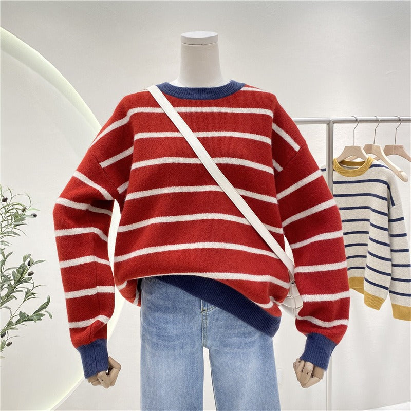 Autumn And Winter New Ladies Loose Collision Color Round Neck Knitted Tunic Simple Striped Pullover Sweater