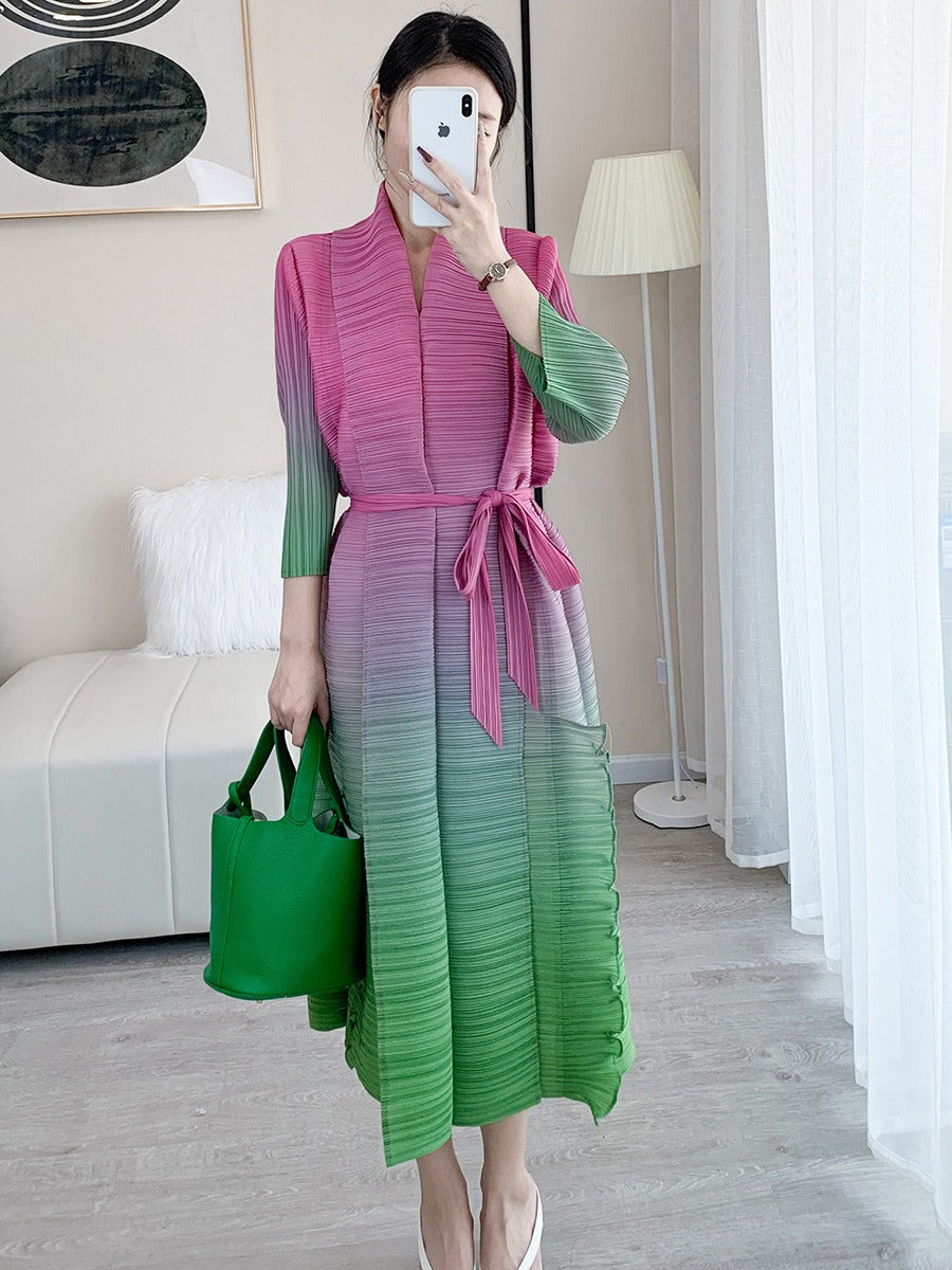 Women Gradient Pleated Dress V Neck Belt Spring Summer New Loose Patchwork Elegant Lady Casual