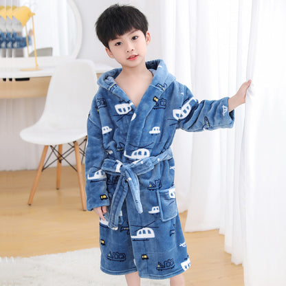 Children's Nightgown Boy's Bathrobe Flannel Thickened Coral Fleece Pajamas Home Service