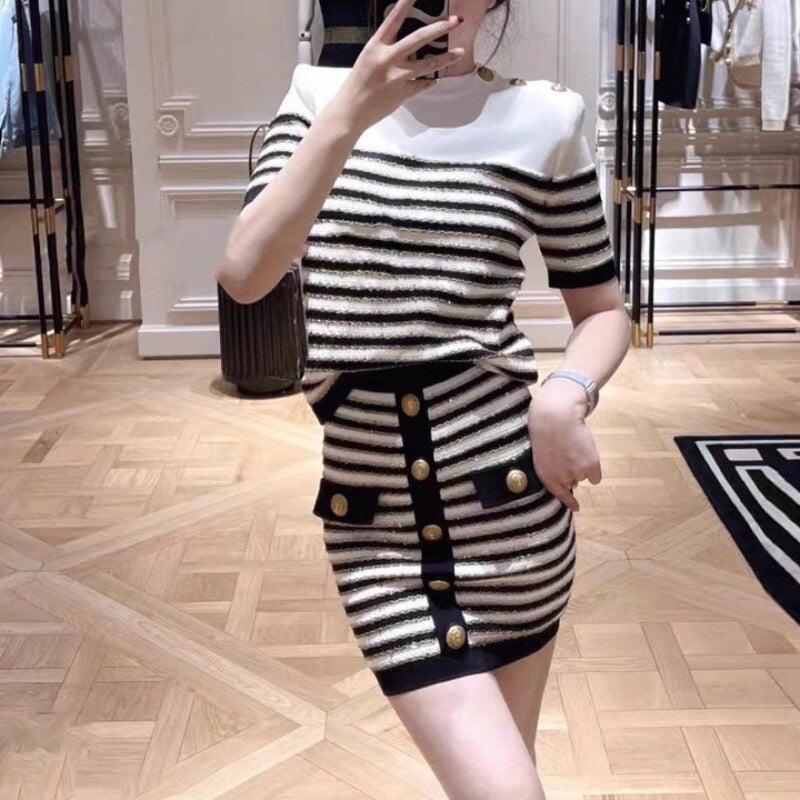 French Stylish O-neck Casual Short Sleeve Striped Gold Thread Knitted Sweater Skinny 2PCS Skirt Sets