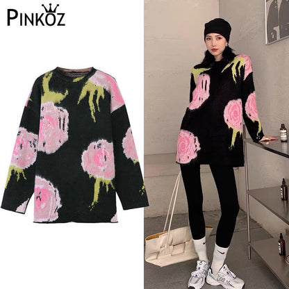 Loose Autumn Casual Pullover Women Pink Flower Black Sweater Long Sleeve O-Neck Fashion Hit Colar Knitted Tops Crochet